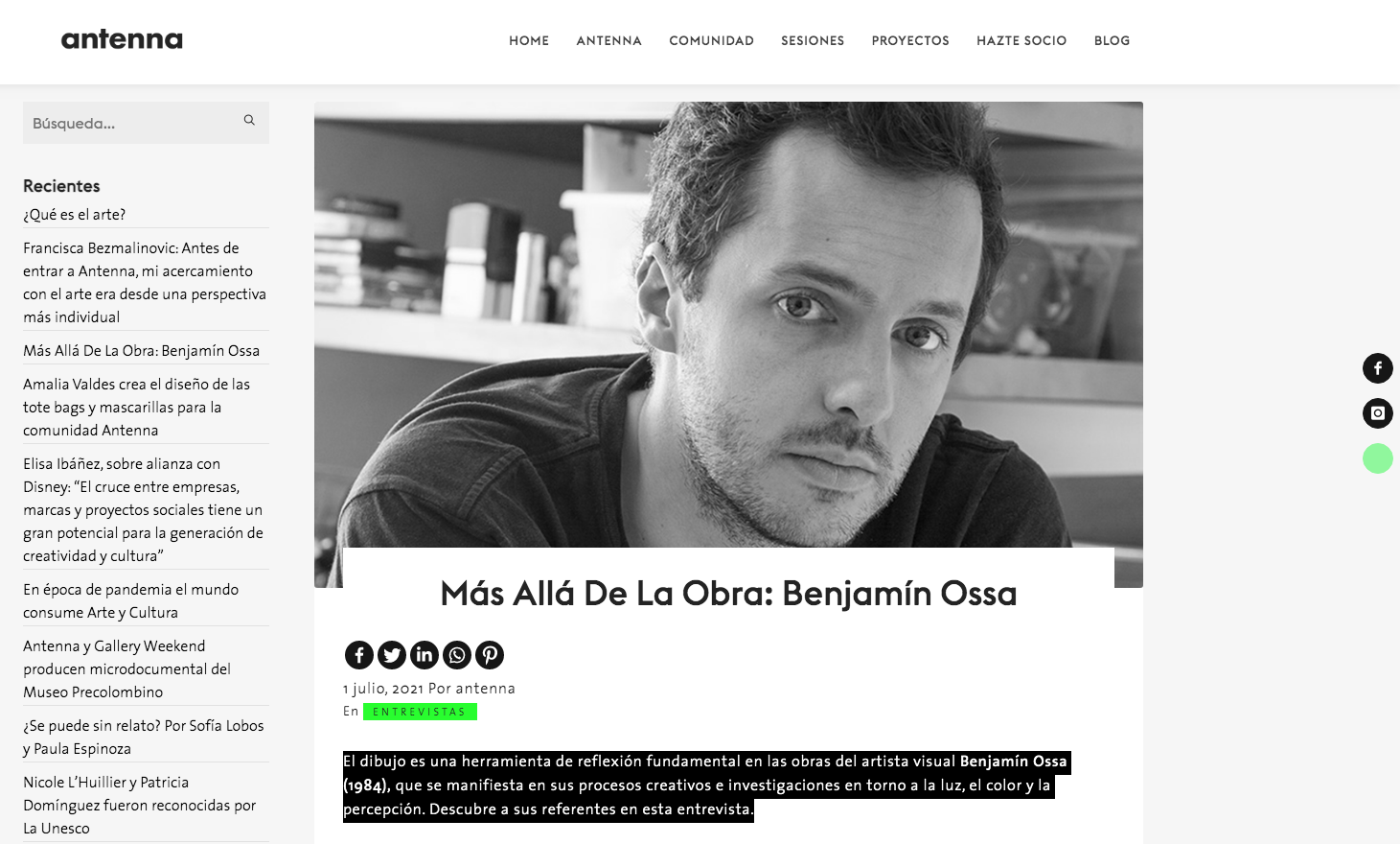 ANTENNA M&aacute;s All&aacute; De La Obra: Benjam&iacute;n Ossa